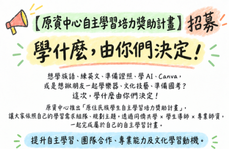 【原資中心自主學習培力獎助計畫】招募